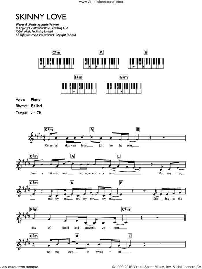 Skinny Love sheet music for piano solo (chords, lyrics, melody) by Birdy, Bon Iver and Justin Vernon, intermediate piano (chords, lyrics, melody)