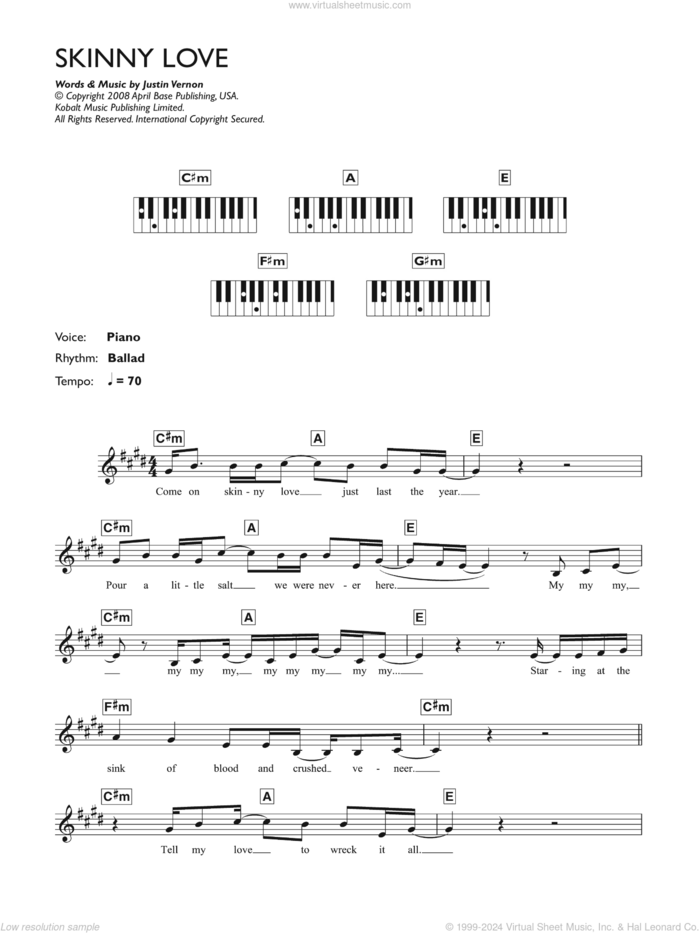 Skinny Love sheet music for piano solo (chords, lyrics, melody) by Birdy, Bon Iver and Justin Vernon, intermediate piano (chords, lyrics, melody)