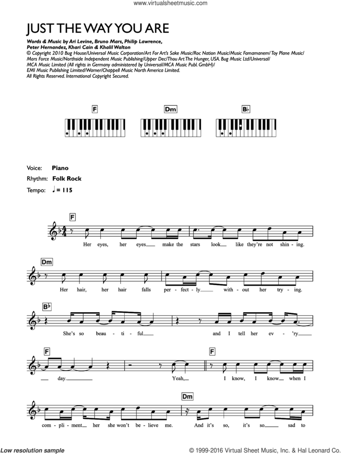 Just The Way You Are sheet music for piano solo (keyboard) by Bruno Mars, Ari Levine, Khalil Walton, Khari Cain, Peter Hernandez and Philip Lawrence, wedding score, intermediate piano (keyboard)