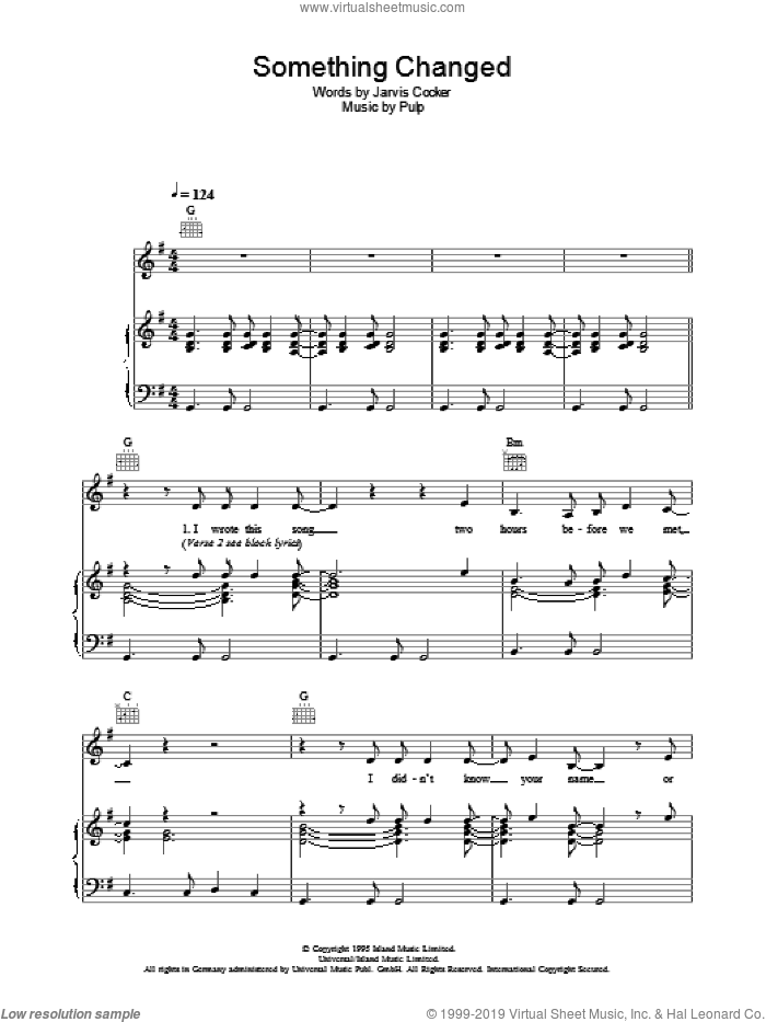 Something Changed sheet music for voice, piano or guitar by Pulp and Jarvis Cocker, intermediate skill level