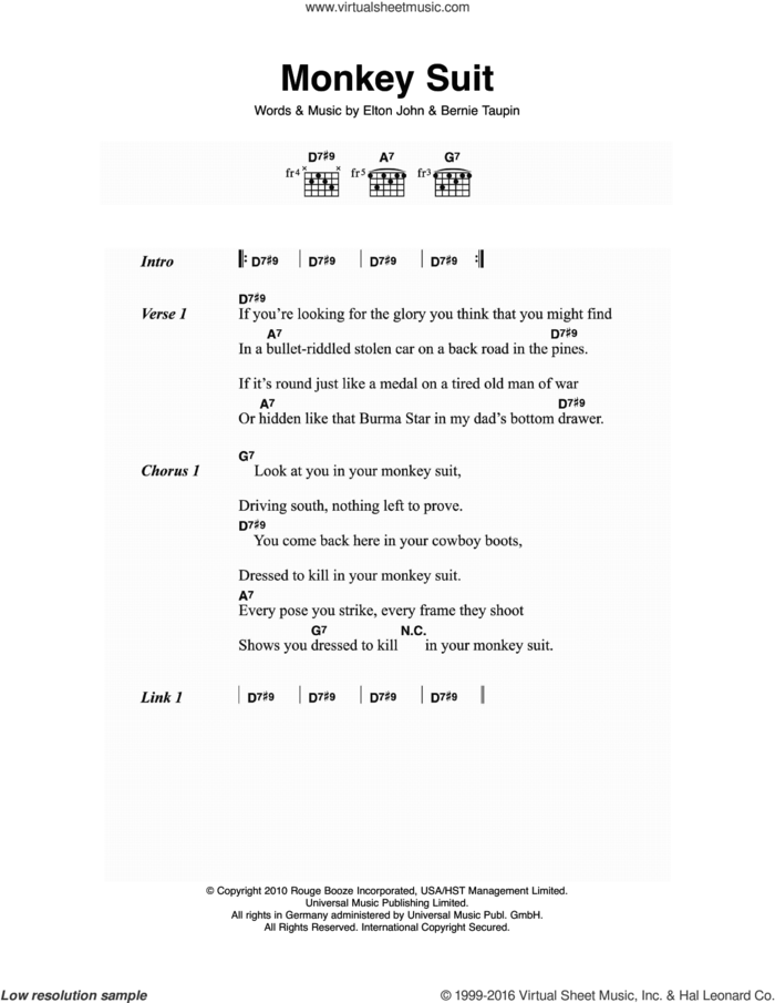 Monkey Suit sheet music for guitar (chords) by Elton John and Bernie Taupin, intermediate skill level