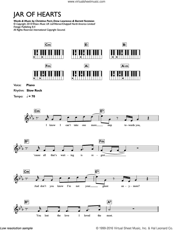 Jar Of Hearts sheet music for piano solo (chords, lyrics, melody) by Christina Perri, Barrett Yeretsian and Drew Lawrence, intermediate piano (chords, lyrics, melody)
