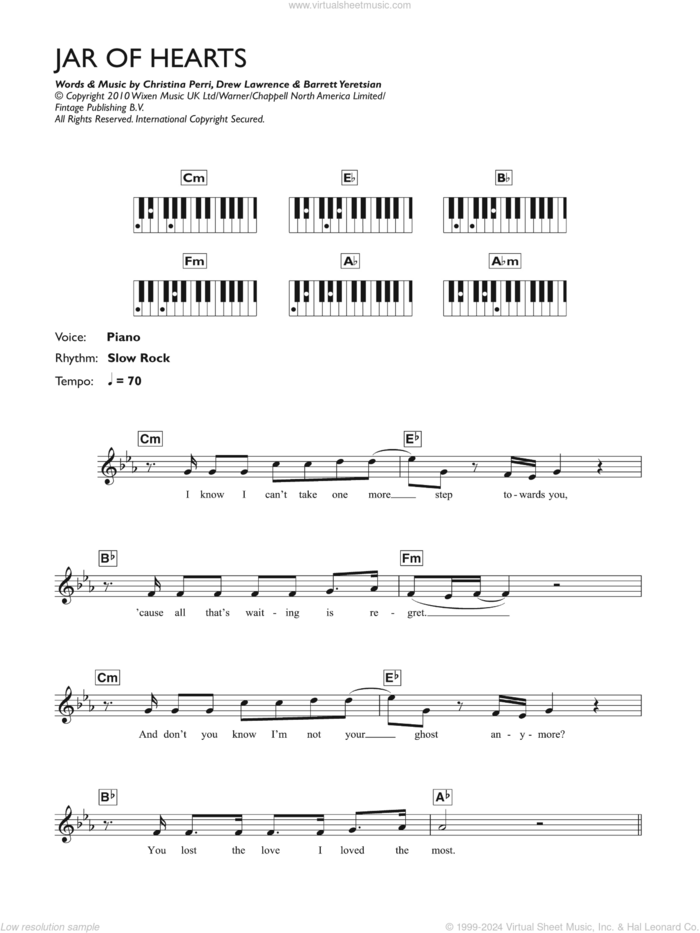 Jar Of Hearts sheet music for piano solo (chords, lyrics, melody) by Christina Perri, Barrett Yeretsian and Drew Lawrence, intermediate piano (chords, lyrics, melody)