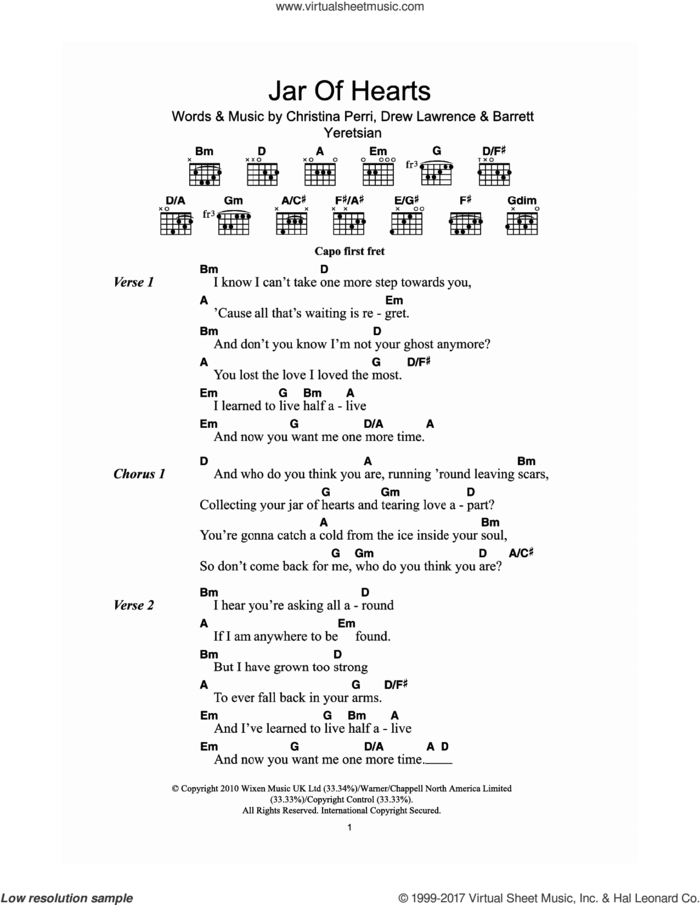 Jar Of Hearts sheet music for guitar (chords) by Christina Perri, Barrett Yeretsian and Drew Lawrence, intermediate skill level