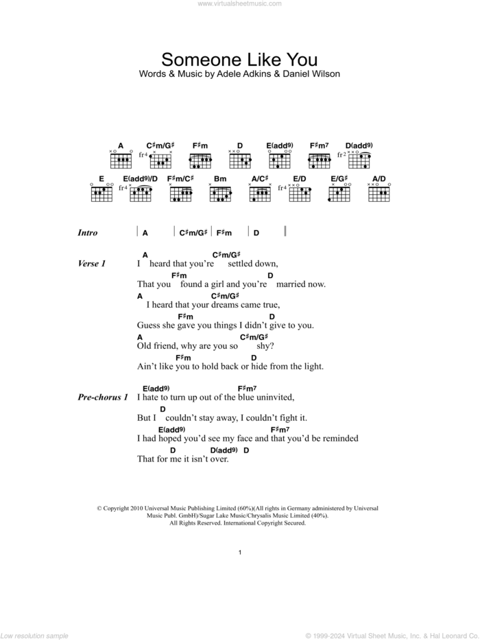 Someone Like You sheet music for guitar (chords) by Adele and Dan Wilson, intermediate skill level