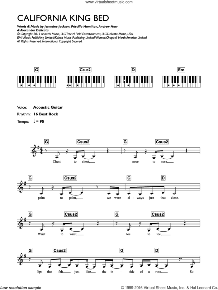 California King Bed sheet music for piano solo (keyboard) by Rihanna, Alexander Delicata, Andrew Harr, Jermaine Jackson and Priscilla Hamilton, intermediate piano (keyboard)
