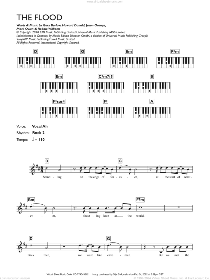 The Flood sheet music for piano solo (chords, lyrics, melody) by Take That, Gary Barlow, Howard Donald, Jason Orange, Mark Owen and Robbie Williams, intermediate piano (chords, lyrics, melody)