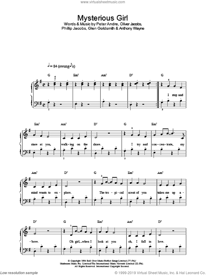 Mysterious Girl sheet music for voice, piano or guitar by Peter Andre, Anthony Wayne, Glen Goldsmith, Oliver Jacobs and Phillip Jacobs, intermediate skill level