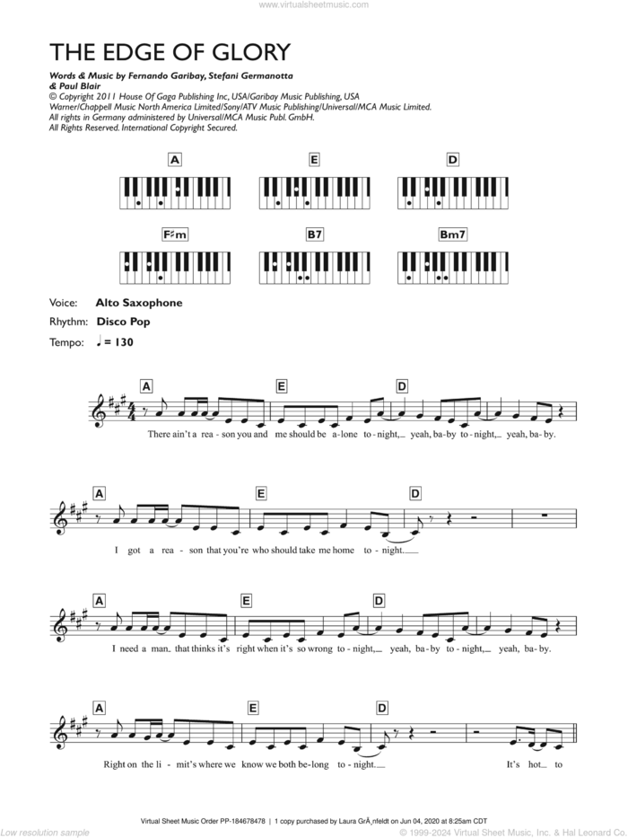 The Edge Of Glory sheet music for piano solo (chords, lyrics, melody) by Lady Gaga, Fernando Garibay and Paul Blair, intermediate piano (chords, lyrics, melody)