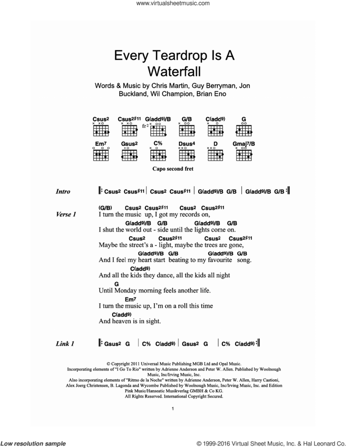 Every Teardrop Is A Waterfall sheet music for guitar (chords) by Coldplay, Adrienne Anderson, Brian Eno, Chris Martin, Guy Berryman, Jonny Buckland, Peter Allen and Will Champion, intermediate skill level