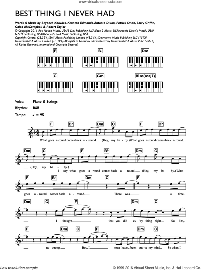 Best Thing I Never Had sheet music for piano solo (chords, lyrics, melody) by Beyonce, Antonio Dixon, Babyface, Caleb McCampbell, Larry Griffin, Jr., Patrick Smith and Robert Shea Taylor, intermediate piano (chords, lyrics, melody)