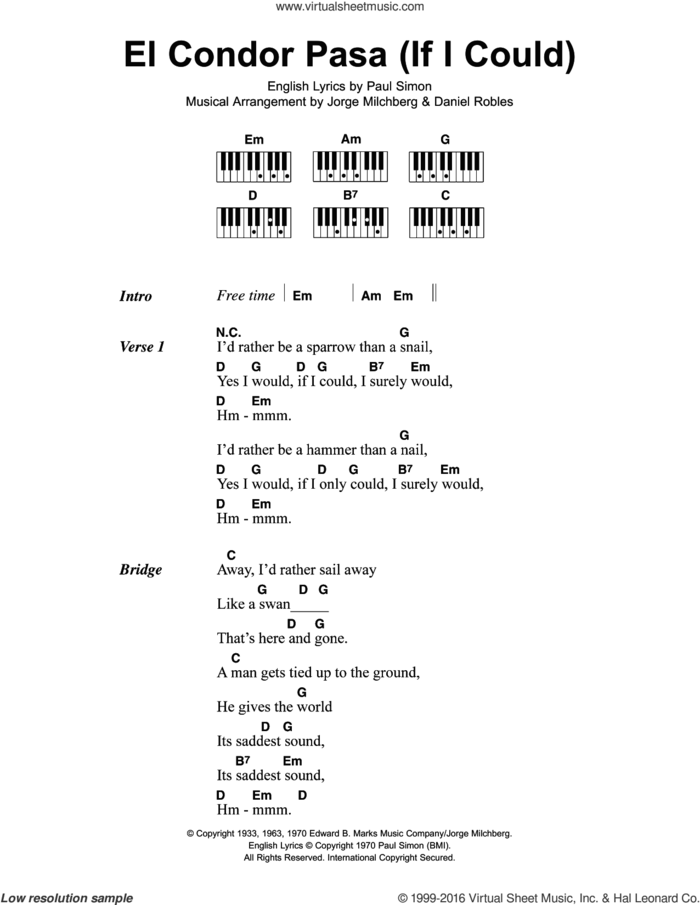 El Condor Pasa (If I Could) sheet music for piano solo (chords, lyrics, melody) by Simon & Garfunkel, Daniel Robles, Jorge Milchberg and Paul Simon, intermediate piano (chords, lyrics, melody)