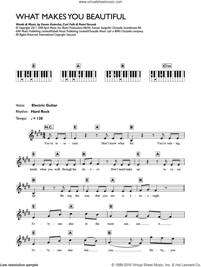 What Makes You Beautiful sheet music for piano solo (chords, lyrics, melody) by One Direction, Carl Falk, Rami and Savan Kotecha, intermediate piano (chords, lyrics, melody)