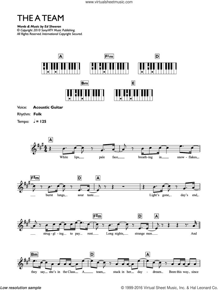 The A Team sheet music for piano solo (chords, lyrics, melody) by Ed Sheeran, intermediate piano (chords, lyrics, melody)