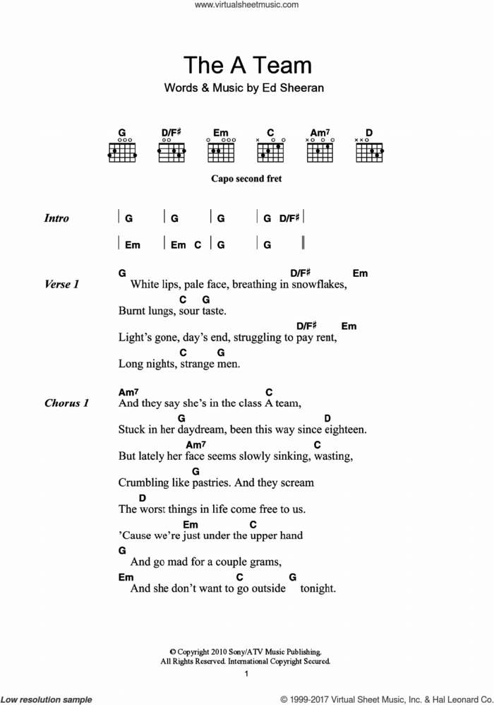 The A Team sheet music for guitar (chords) by Ed Sheeran, intermediate skill level