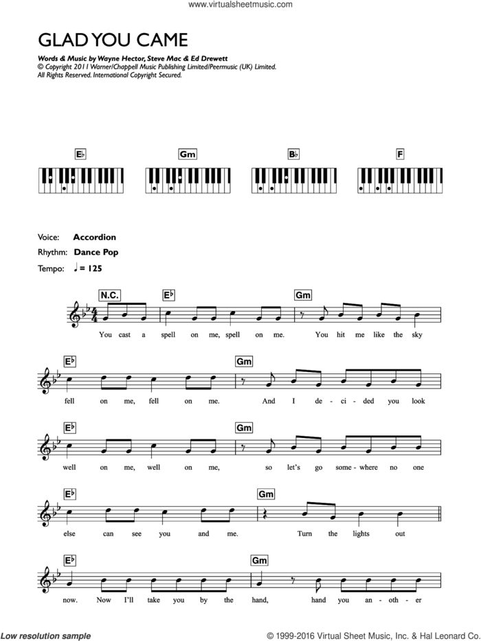 Glad You Came sheet music for piano solo (chords, lyrics, melody) by The Wanted, Ed Drewett, Steve Mac and Wayne Hector, intermediate piano (chords, lyrics, melody)