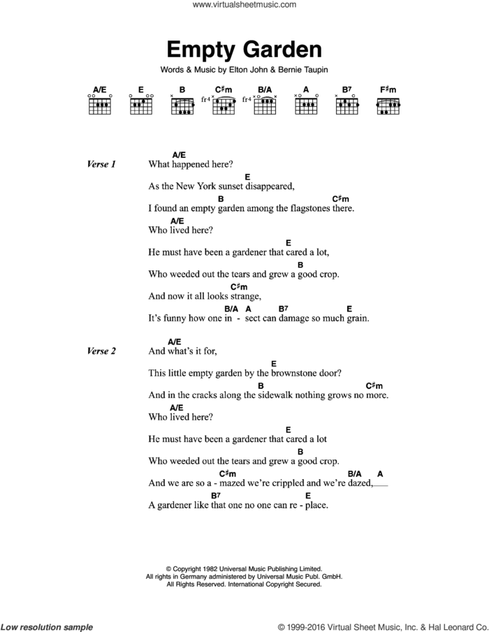 Empty Garden sheet music for guitar (chords) by Elton John and Bernie Taupin, intermediate skill level