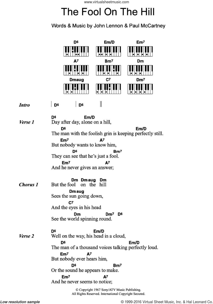 The Fool On The Hill sheet music for piano solo (chords, lyrics, melody) by The Beatles, John Lennon and Paul McCartney, intermediate piano (chords, lyrics, melody)