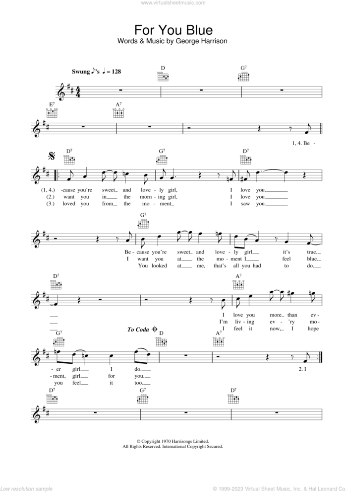 For You Blue sheet music for voice and other instruments (fake book) by The Beatles and George Harrison, intermediate skill level