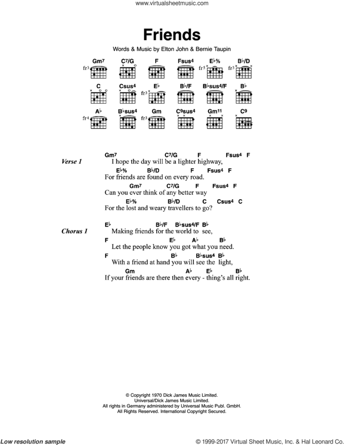 Friends sheet music for guitar (chords) by Elton John and Bernie Taupin, intermediate skill level