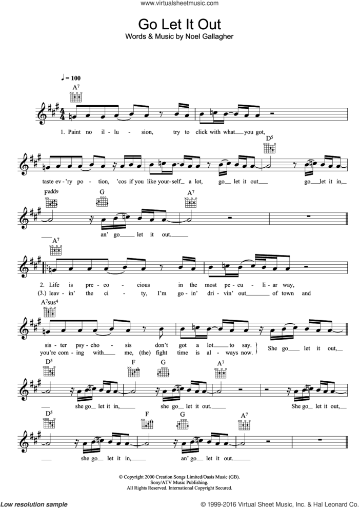 Go Let It Out sheet music for voice and other instruments (fake book) by Oasis and Noel Gallagher, intermediate skill level