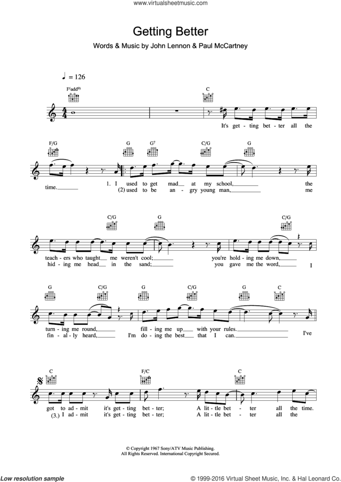 Getting Better sheet music for voice and other instruments (fake book) by The Beatles, John Lennon and Paul McCartney, intermediate skill level
