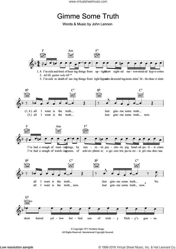 Gimme Some Truth sheet music for voice and other instruments (fake book) by John Lennon, intermediate skill level