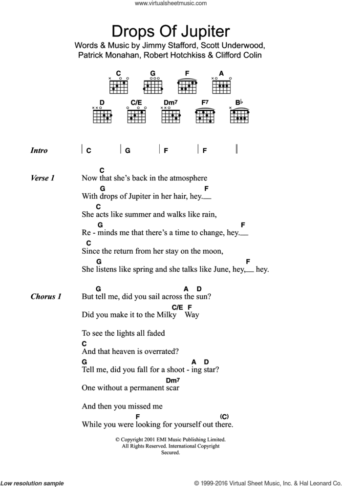 Drops Of Jupiter (Tell Me) sheet music for guitar (chords) by Train, Clifford Colin, Jimmy Stafford, Pat Monahan, Robert Hotchkiss and Scott Underwood, intermediate skill level