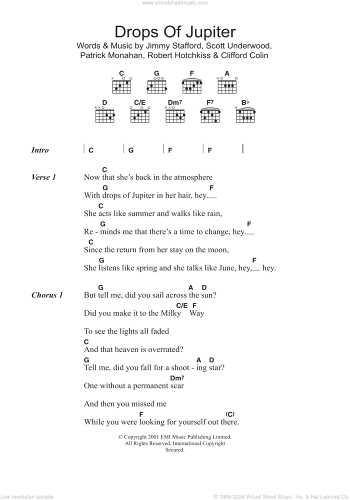 Drops Of Jupiter (Tell Me) sheet music for guitar (chords) by Train, Clifford Colin, Jimmy Stafford, Pat Monahan, Robert Hotchkiss and Scott Underwood, intermediate skill level