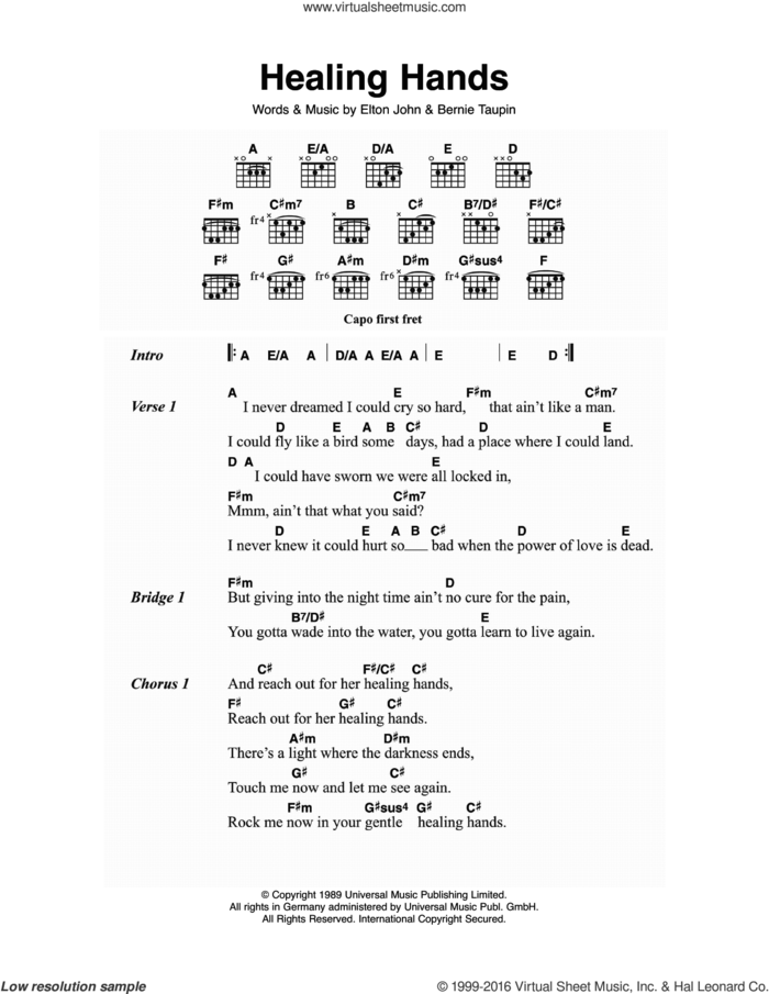 Healing Hands sheet music for guitar (chords) by Elton John and Bernie Taupin, intermediate skill level