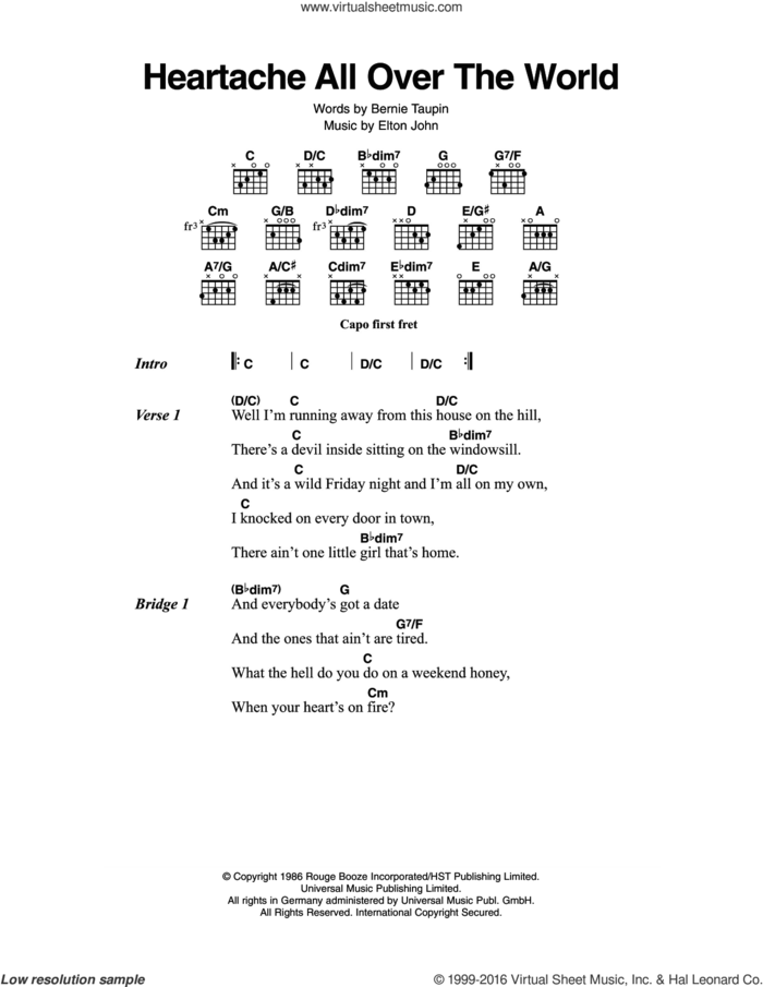 Heartaches All Over The World sheet music for guitar (chords) by Elton John and Bernie Taupin, intermediate skill level