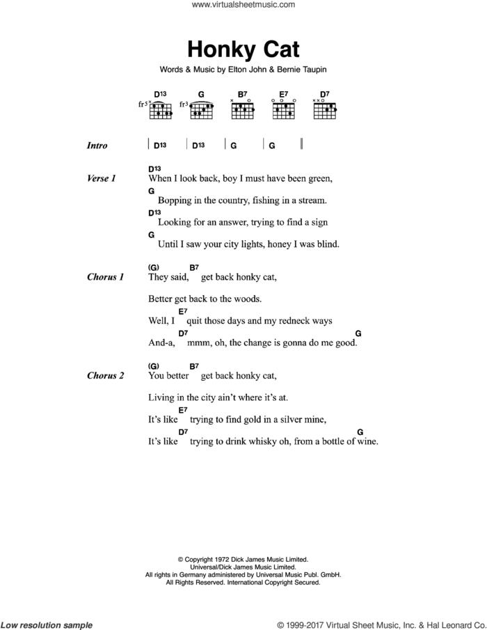 Honky Cat sheet music for guitar (chords) by Elton John and Bernie Taupin, intermediate skill level