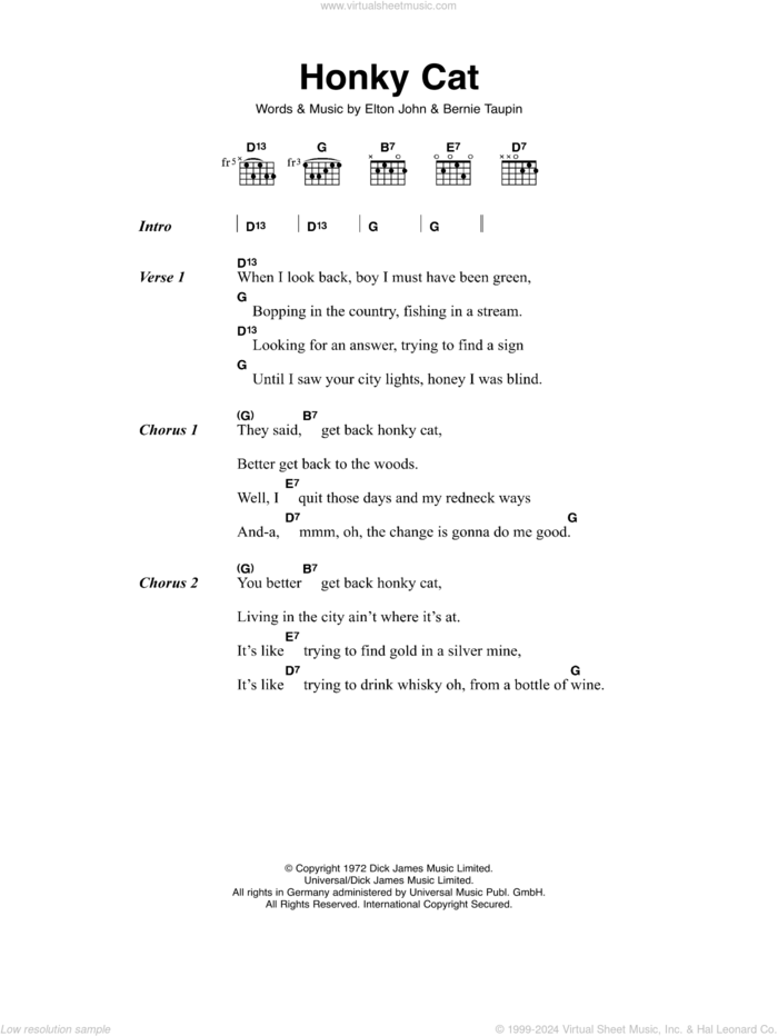 Honky Cat sheet music for guitar (chords) by Elton John and Bernie Taupin, intermediate skill level