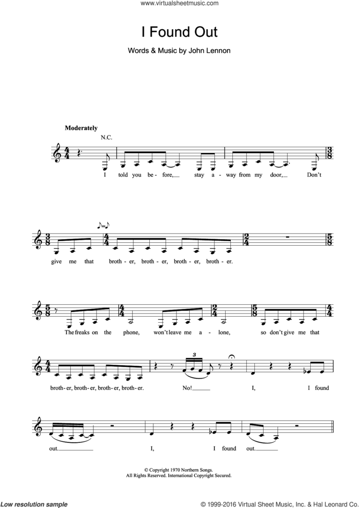 I Found Out sheet music for voice and other instruments (fake book) by John Lennon, intermediate skill level