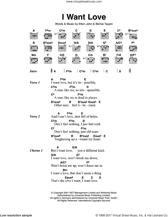 I Want Love sheet music for guitar (chords) by Elton John and Bernie Taupin, intermediate skill level