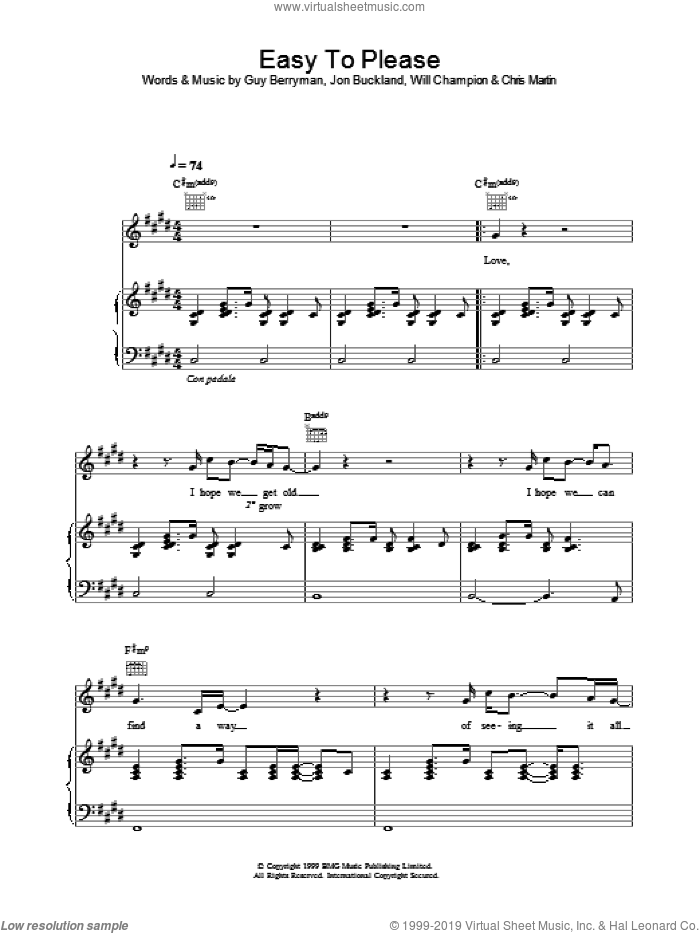 Easy To Please sheet music for voice, piano or guitar by Coldplay, Chris Martin, Guy Berryman, Jon Buckland and Will Champion, intermediate skill level