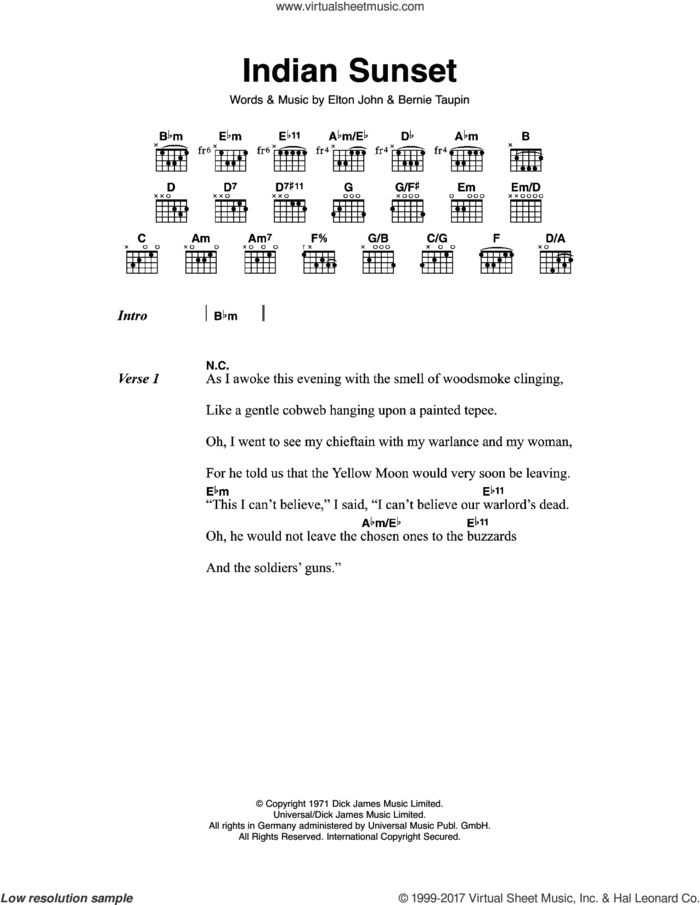 Indian Sunset sheet music for guitar (chords) by Elton John and Bernie Taupin, intermediate skill level
