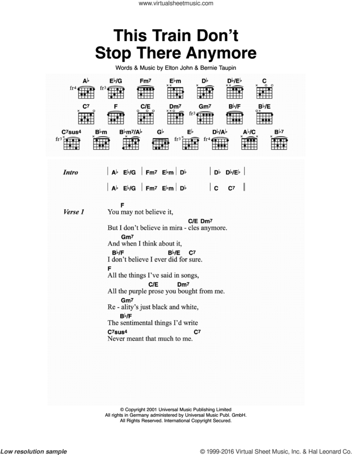 This Train Don't Stop There Anymore sheet music for guitar (chords) by Elton John and Bernie Taupin, intermediate skill level
