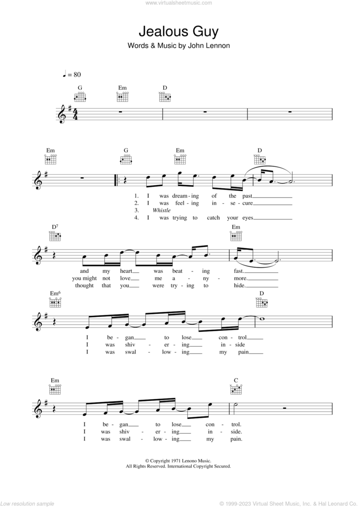 Jealous Guy sheet music for voice and other instruments (fake book) by Roxy Music and John Lennon, intermediate skill level