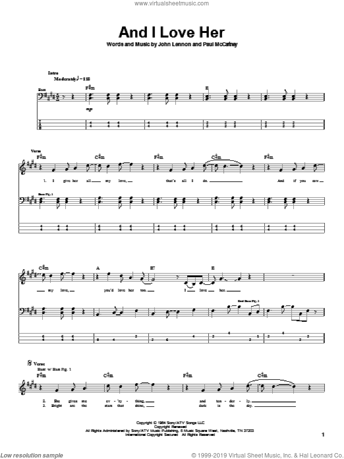 And I Love Her sheet music for bass (tablature) (bass guitar) by The Beatles, John Lennon and Paul McCartney, intermediate skill level