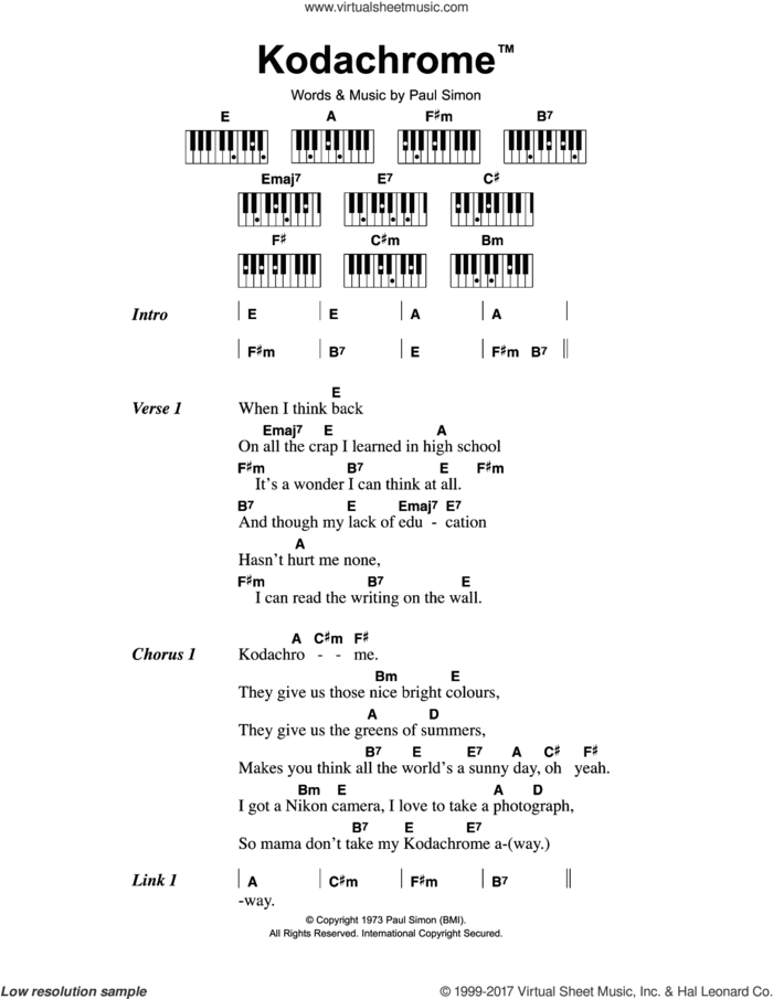 KodachromeTM sheet music for piano solo (chords, lyrics, melody) by Paul Simon, intermediate piano (chords, lyrics, melody)