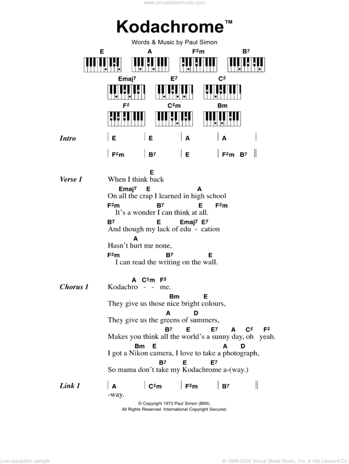 KodachromeTM sheet music for piano solo (chords, lyrics, melody) by Paul Simon, intermediate piano (chords, lyrics, melody)