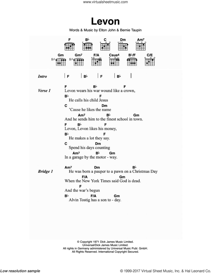 Levon sheet music for guitar (chords) by Elton John and Bernie Taupin, intermediate skill level