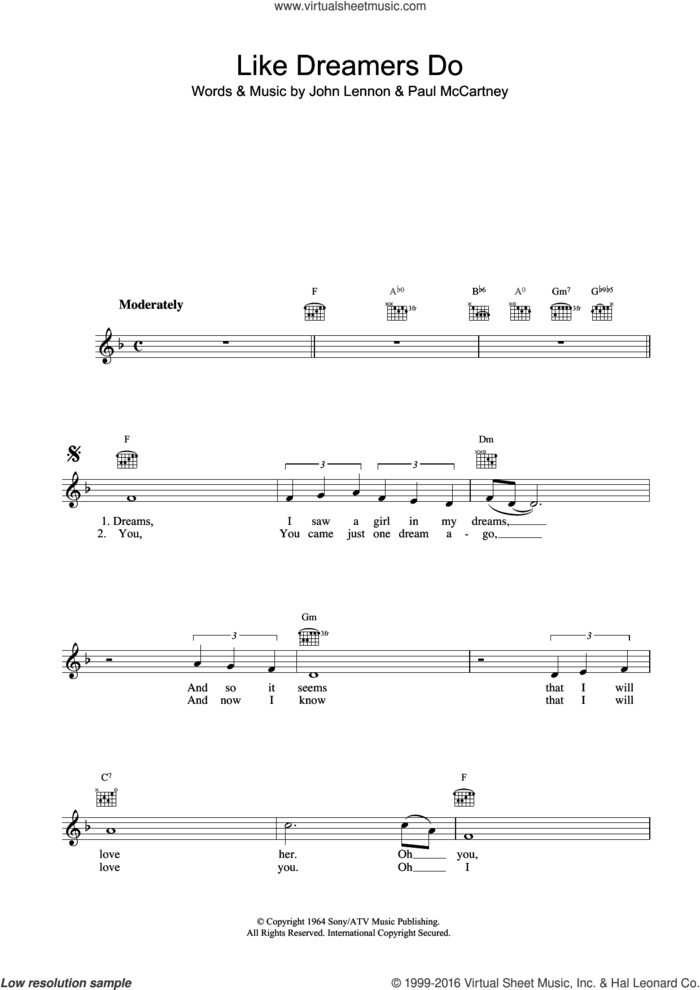 Like Dreamers Do sheet music for voice and other instruments (fake book) by The Beatles, John Lennon and Paul McCartney, intermediate skill level