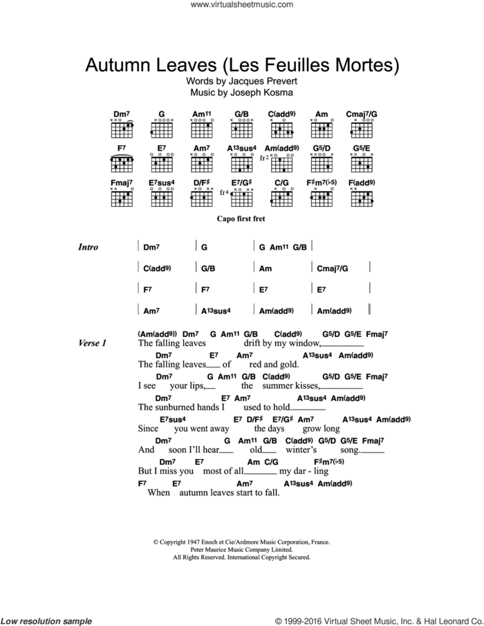 Autumn Leaves (Les Feuilles Mortes) sheet music for guitar (chords) by Eva Cassidy, Jacques Prevert and Joseph Kosma, intermediate skill level