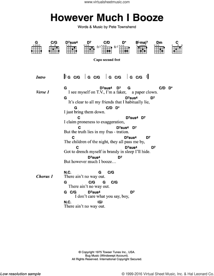 However Much I Booze sheet music for guitar (chords) by The Who and Pete Townshend, intermediate skill level