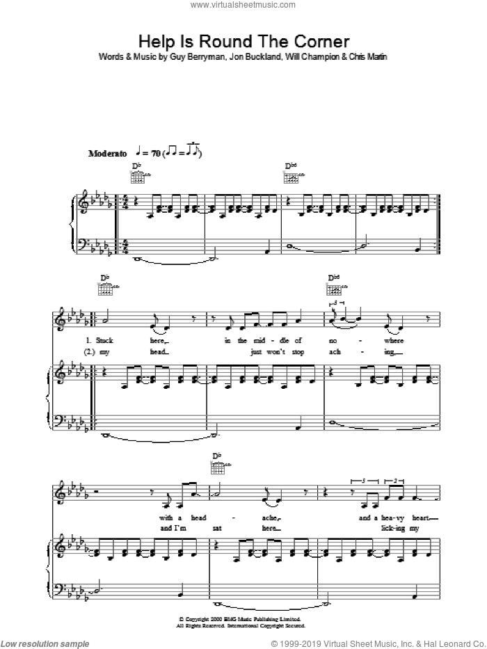 Help Is Round The Corner sheet music for voice, piano or guitar by Coldplay, Chris Martin, Guy Berryman, Jon Buckland and Will Champion, intermediate skill level