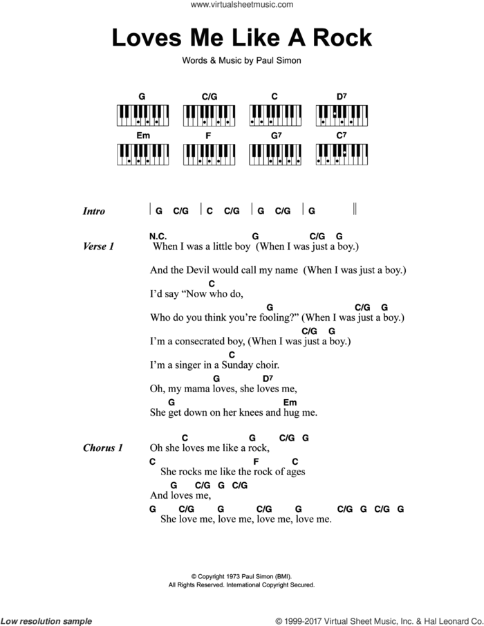 Loves Me Like A Rock sheet music for piano solo (chords, lyrics, melody) by Paul Simon, intermediate piano (chords, lyrics, melody)