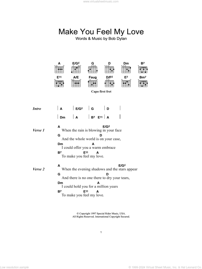 Make You Feel My Love sheet music for guitar (chords) by Adele and Bob Dylan, intermediate skill level