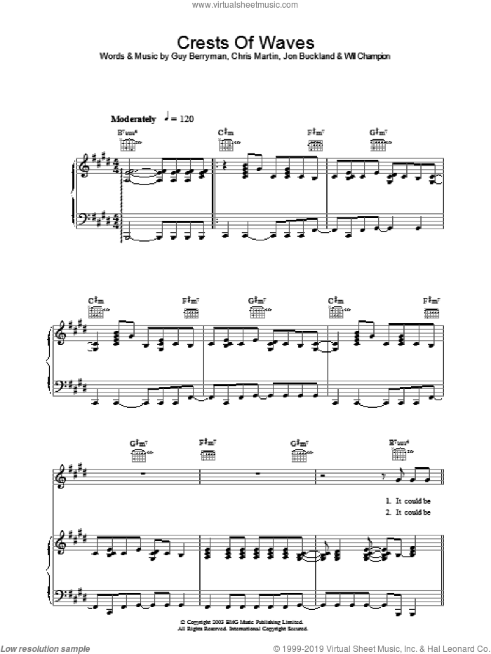 Crests Of Waves sheet music for voice, piano or guitar by Coldplay, Chris Martin, Guy Berryman, Jon Buckland and Will Champion, intermediate skill level